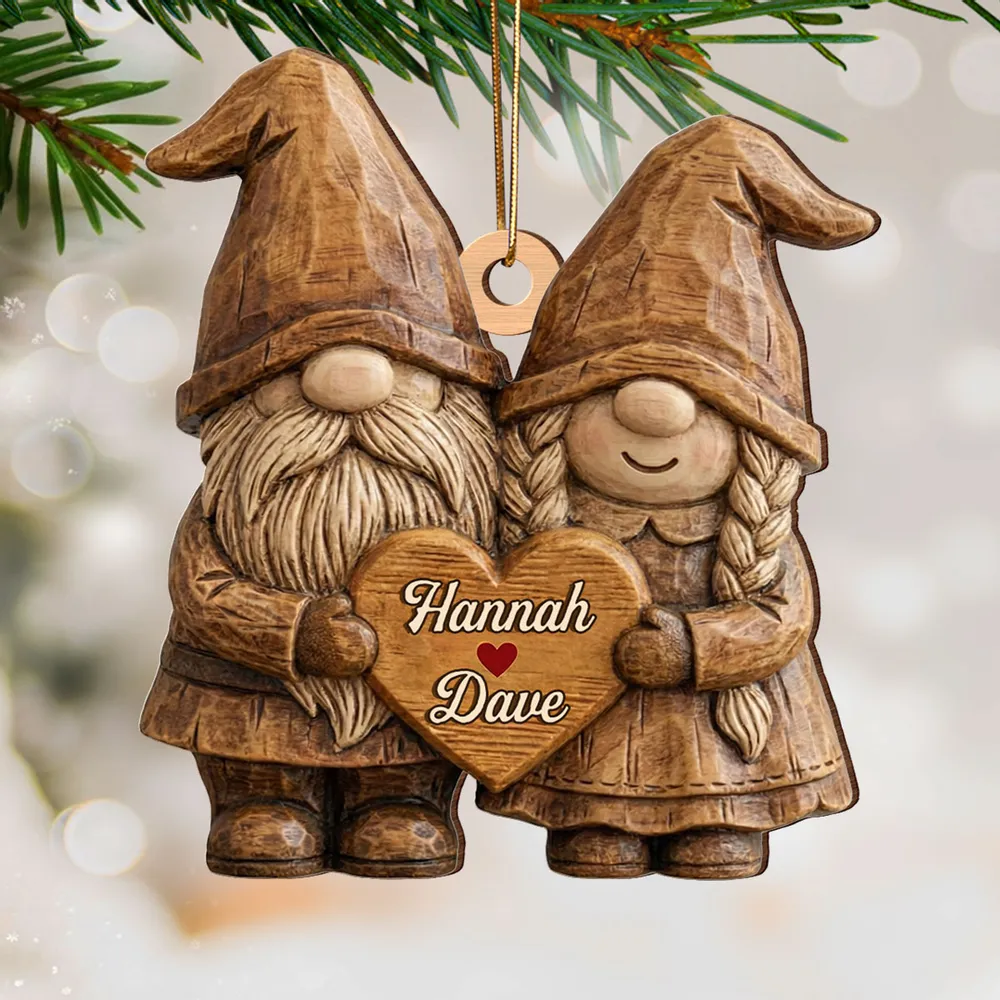 Personalized Wooden Ornament, Cute Gnome Couple Holding Heart, Unique Romantic Gift for Couples, Cozy Holiday Keepsake - Image 6