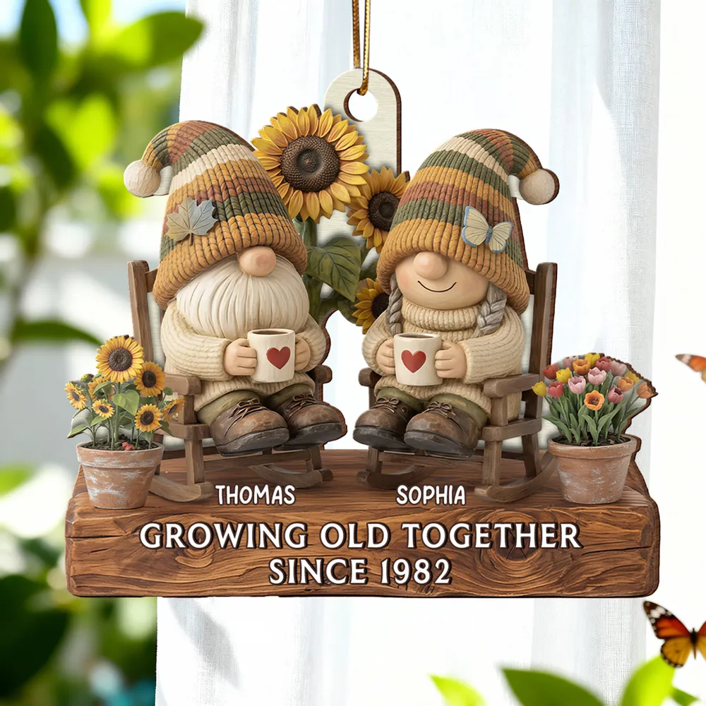 Wooden Ornament Personalized for a Couple, Cute Gnome Rocking Chairs with Sunflowers, Heartwarming Holiday Gift & Decor - Image 6