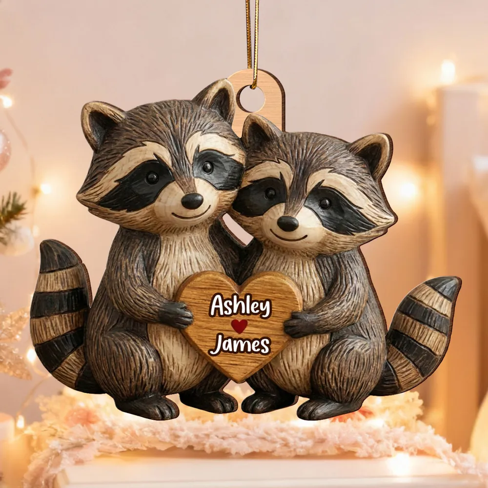 Wooden Ornament with Personalized Name Look, Adorable Animal Couple Hugging with Heart, Sweet Holiday Gift - Image 2