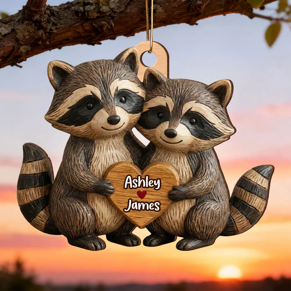 Wooden Ornament with Personalized Name Look, Adorable Animal Couple Hugging with Heart, Sweet Holiday Gift - Image 7