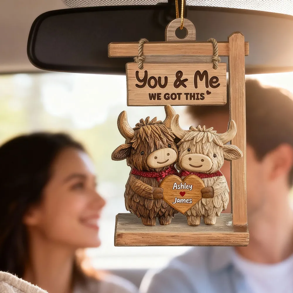 Wooden Ornament with Sweet You & Me Message, Cute Cow Couple Holding Heart, Personalized Holiday Decor Gift - Image 3