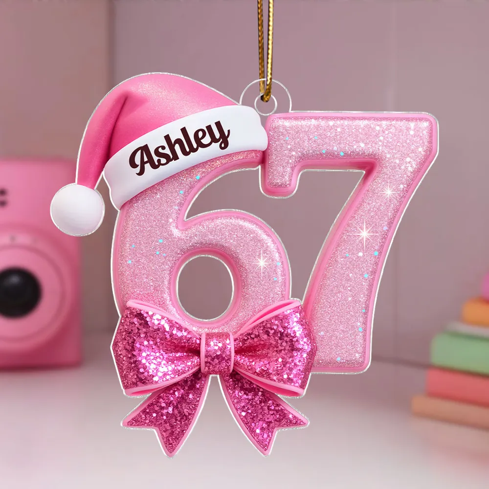 Custom Acrylic Ornament in Pink Glitter Number Style, Festive Santa Hat & Big Bow, Sweet Holiday Keepsake Gift for Grandkids - Image 7