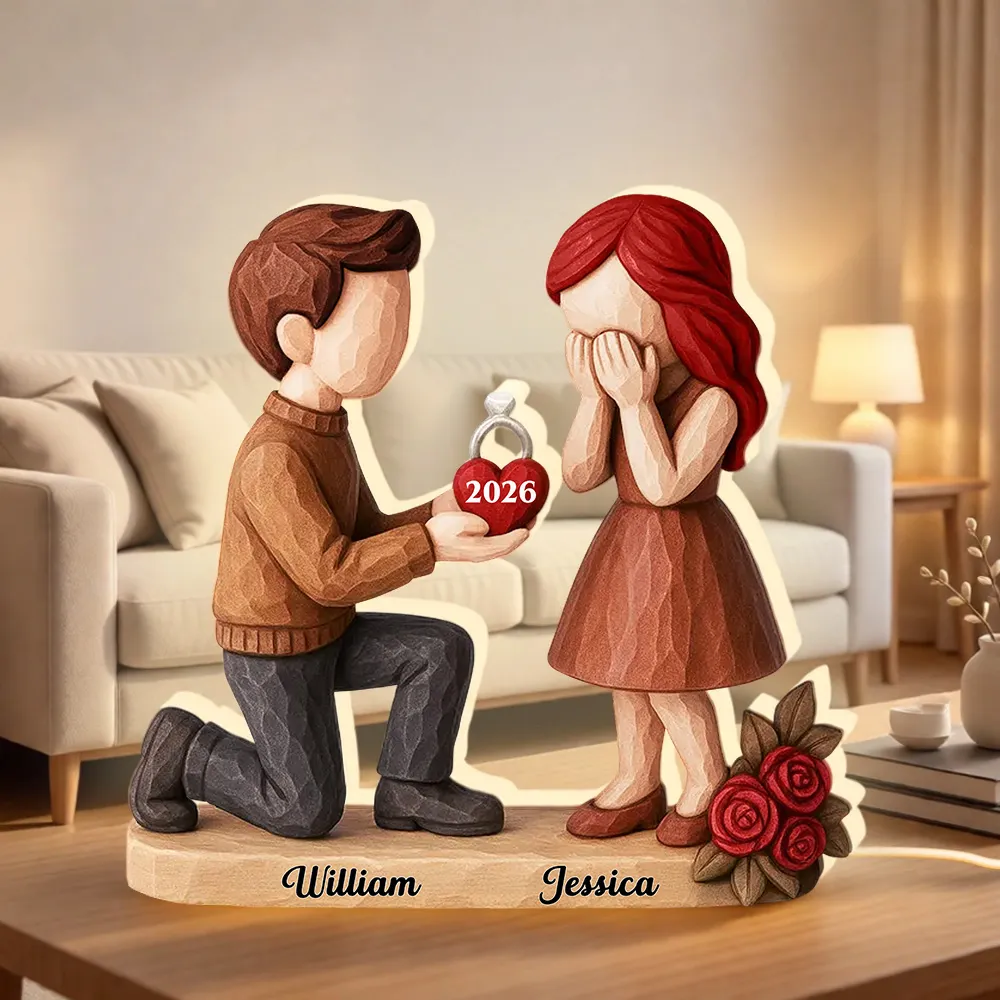 Personalized Acrylic Light Box Proposal Couple Figurines on One Knee, Warm Glow Bedroom Decor, Unique Engagement Gift
