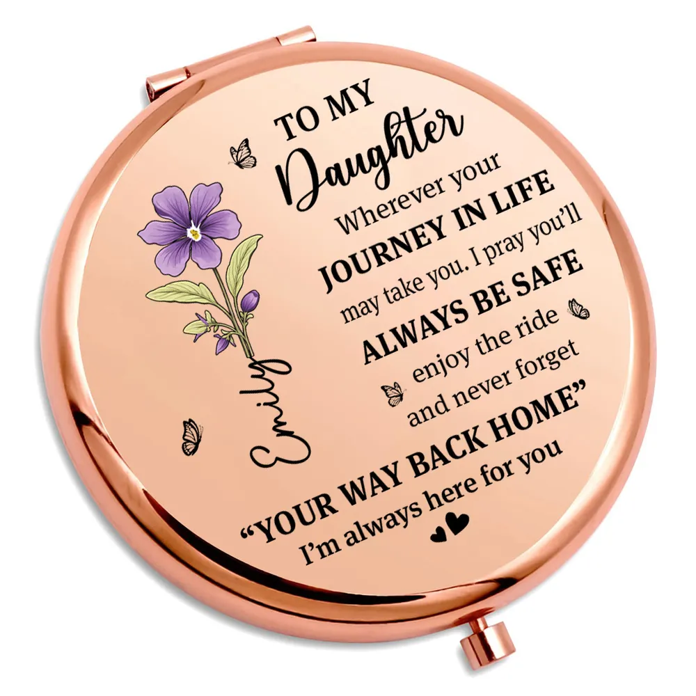 Personalized Metal Compact Mirror for Daughter, Purple Flower Quote, Always Be Safe, Unique Gift From Mom - Image 2