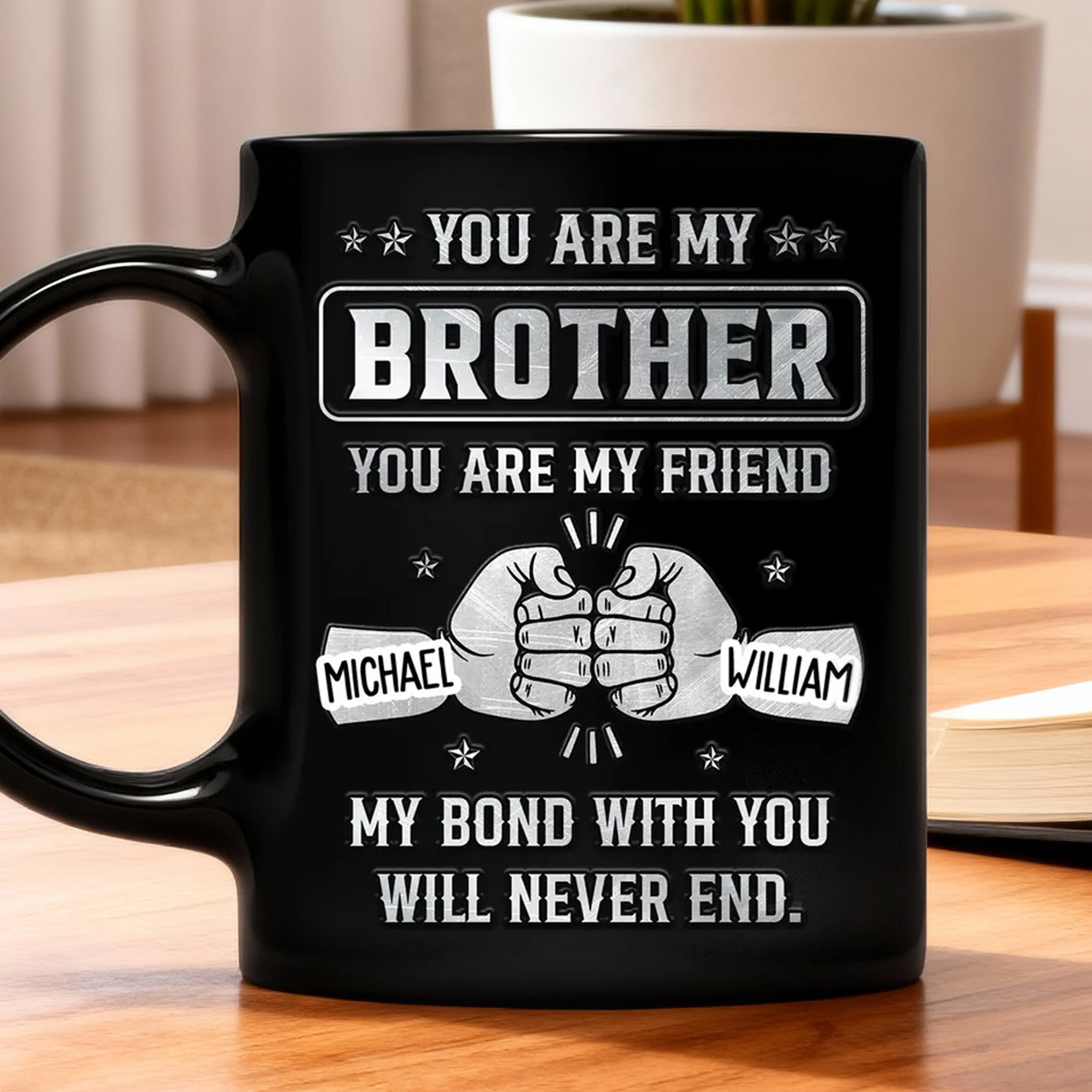 Personalized Full Color Mug With Brotherhood Quote And Fist Bump Graphic - Unique Gift For Brother For Coffee Time