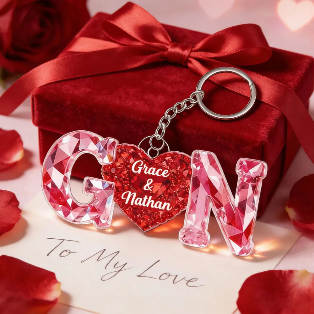 Personalized Heart Keychain with Initials and Names, Romantic Red Sparkle Anniversary Gift for Couples - Image 6