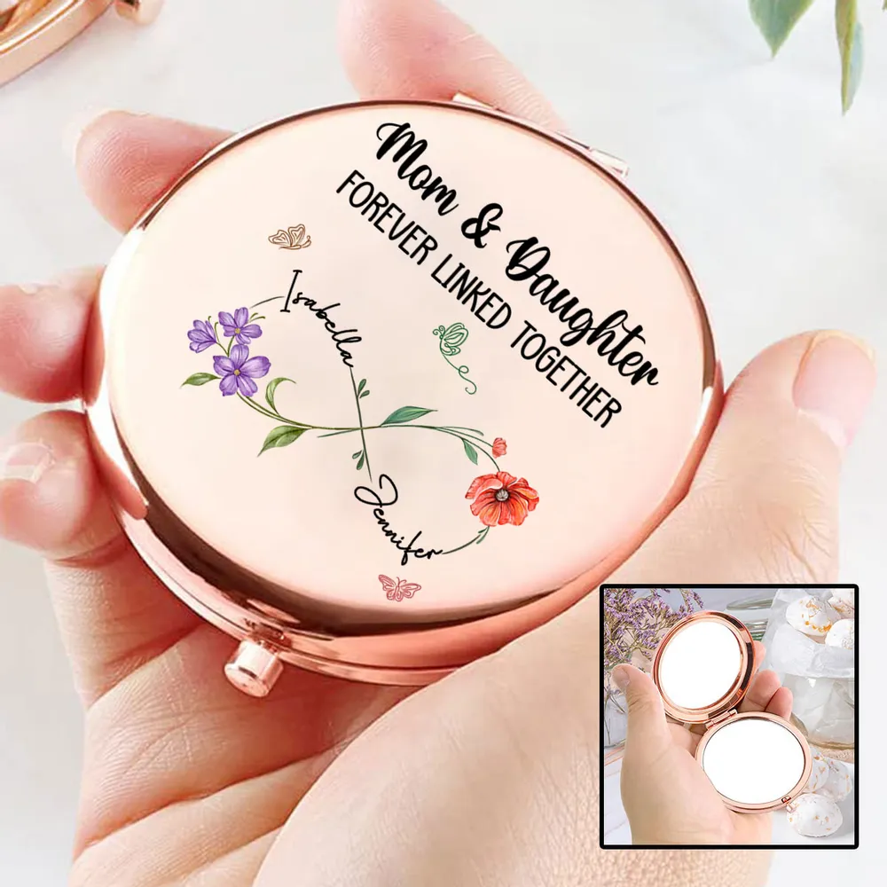 Personalized Metal Compact Mirror Mom & Daughter Forever Linked Together Floral Design - Unique Gift for Mom - Image 2