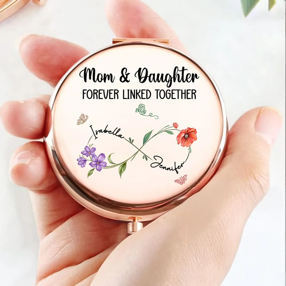 Personalized Metal Compact Mirror Mom & Daughter Forever Linked Together Floral Design - Unique Gift for Mom - Image 3