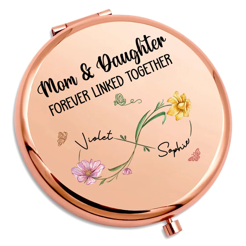 Personalized Metal Compact Mirror Mom & Daughter Forever Linked Together Floral Design - Unique Gift for Mom - Image 5