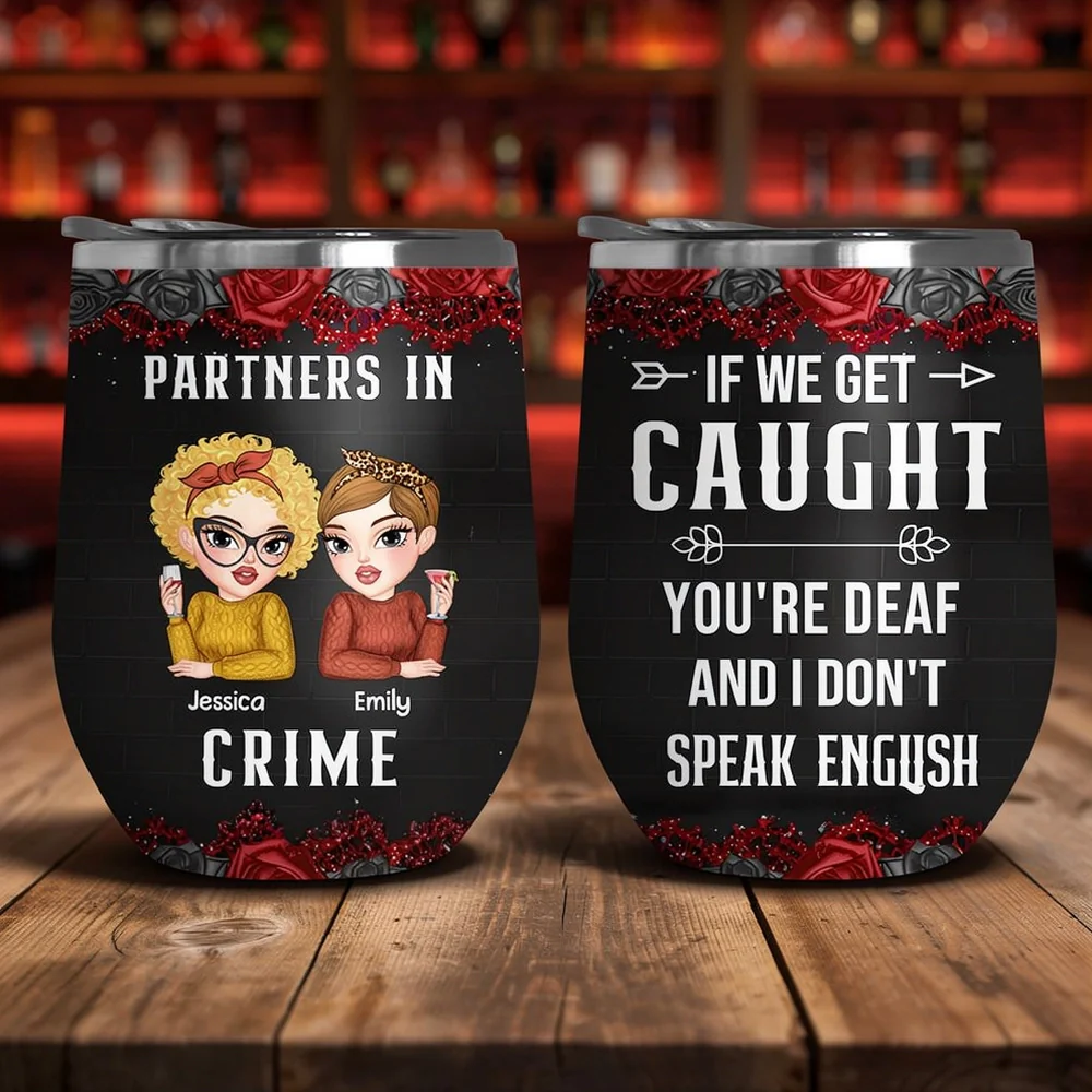 Personalized Partners In Crime Eggshell Cup, Funny Best Friends Cartoon Girls with Roses, Unique Gift for Your Ride-or-Die