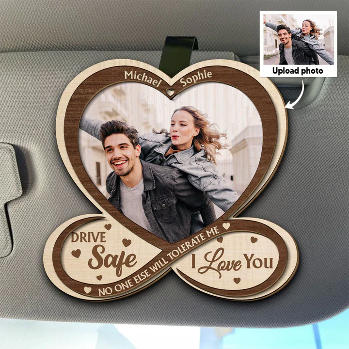 Personalized 2-Layer Wooden Car Visor Clip with Photo Heart Drive Safe I Love You, Unique Couple Gift - Image 4