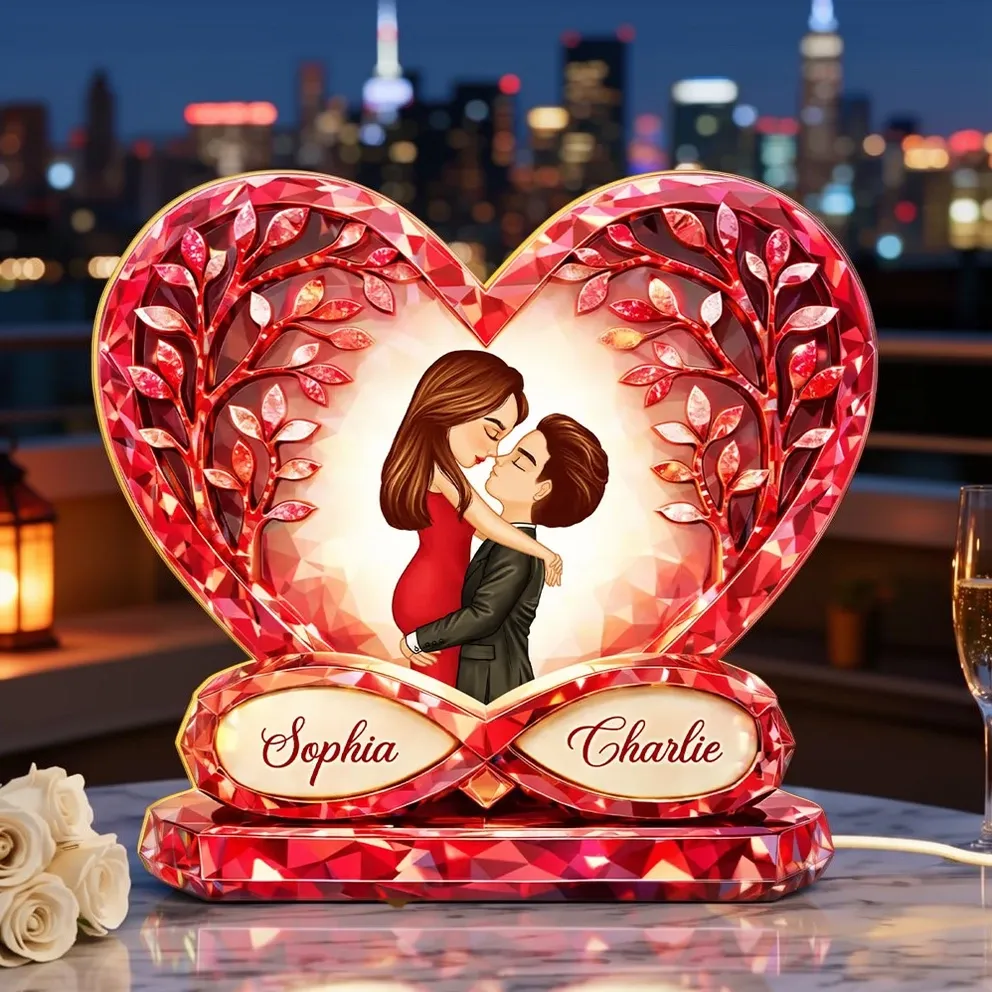 Personalized Acrylic Light Box with Kissing Couple in Heart, Warm Glow Bedroom Decor, Unique Gift for Him or Her