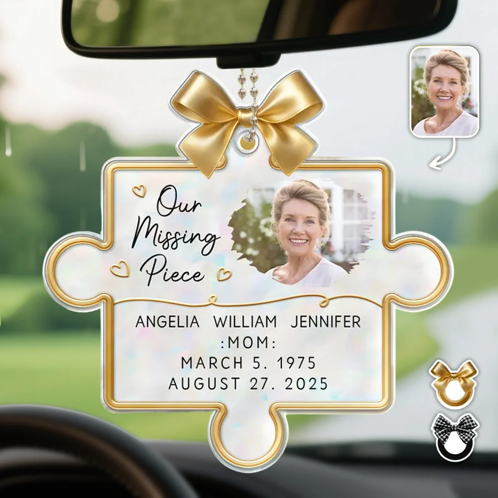 Personalized Acrylic Car Hanger Memorial Puzzle Piece with Photo, Bow & Hearts, Unique Sympathy Gift for Mom