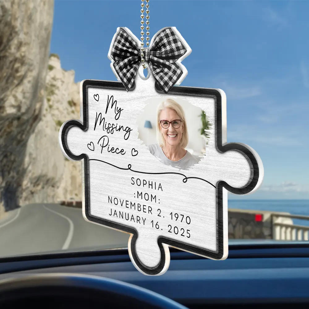 Personalized Acrylic Car Hanger Memorial Puzzle Piece with Photo, Bow & Hearts, Unique Sympathy Gift for Mom - Image 2