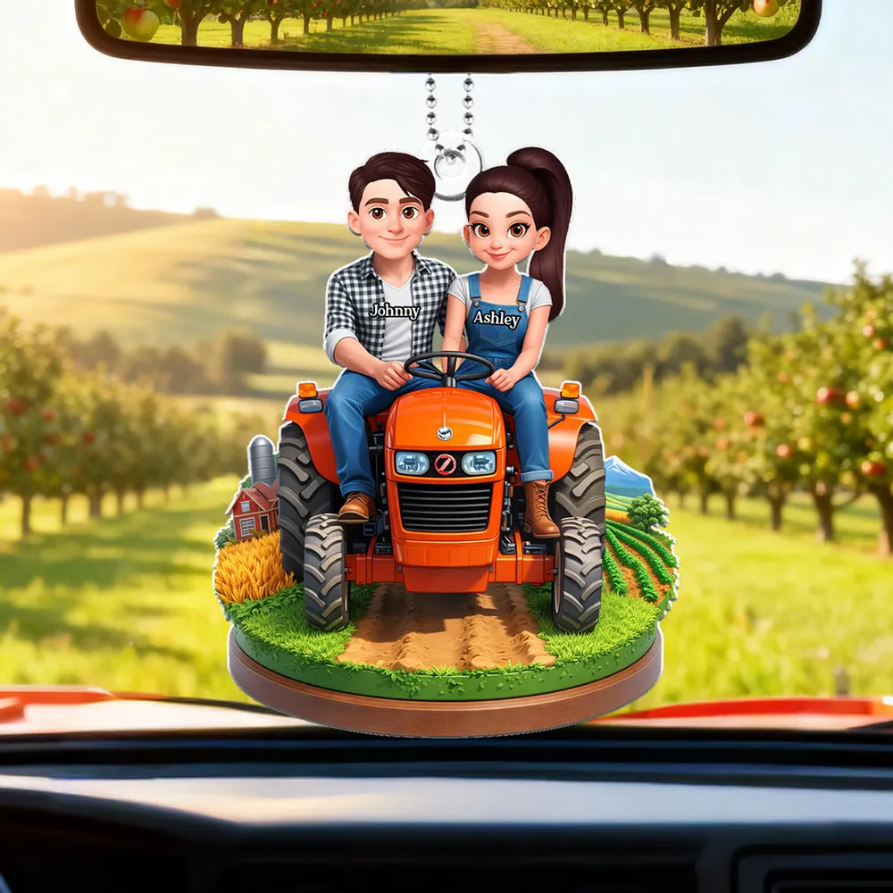 Personalized Acrylic Car Hanger Cute Cartoon Farmer Couple on Tractor, Country Drive Mirror Decor, Unique Gift - Image 2