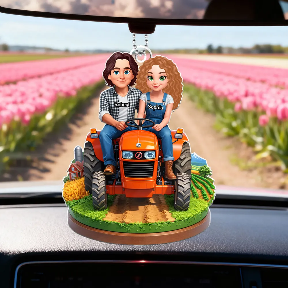Personalized Acrylic Car Hanger Cute Cartoon Farmer Couple on Tractor, Country Drive Mirror Decor, Unique Gift - Image 3
