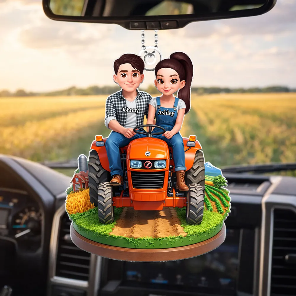 Personalized Acrylic Car Hanger Cute Cartoon Farmer Couple on Tractor, Country Drive Mirror Decor, Unique Gift - Image 4