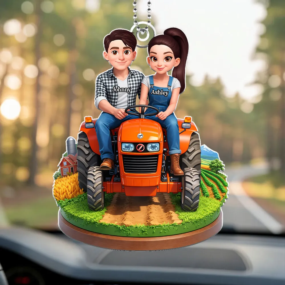 Personalized Acrylic Car Hanger Cute Cartoon Farmer Couple on Tractor, Country Drive Mirror Decor, Unique Gift - Image 5