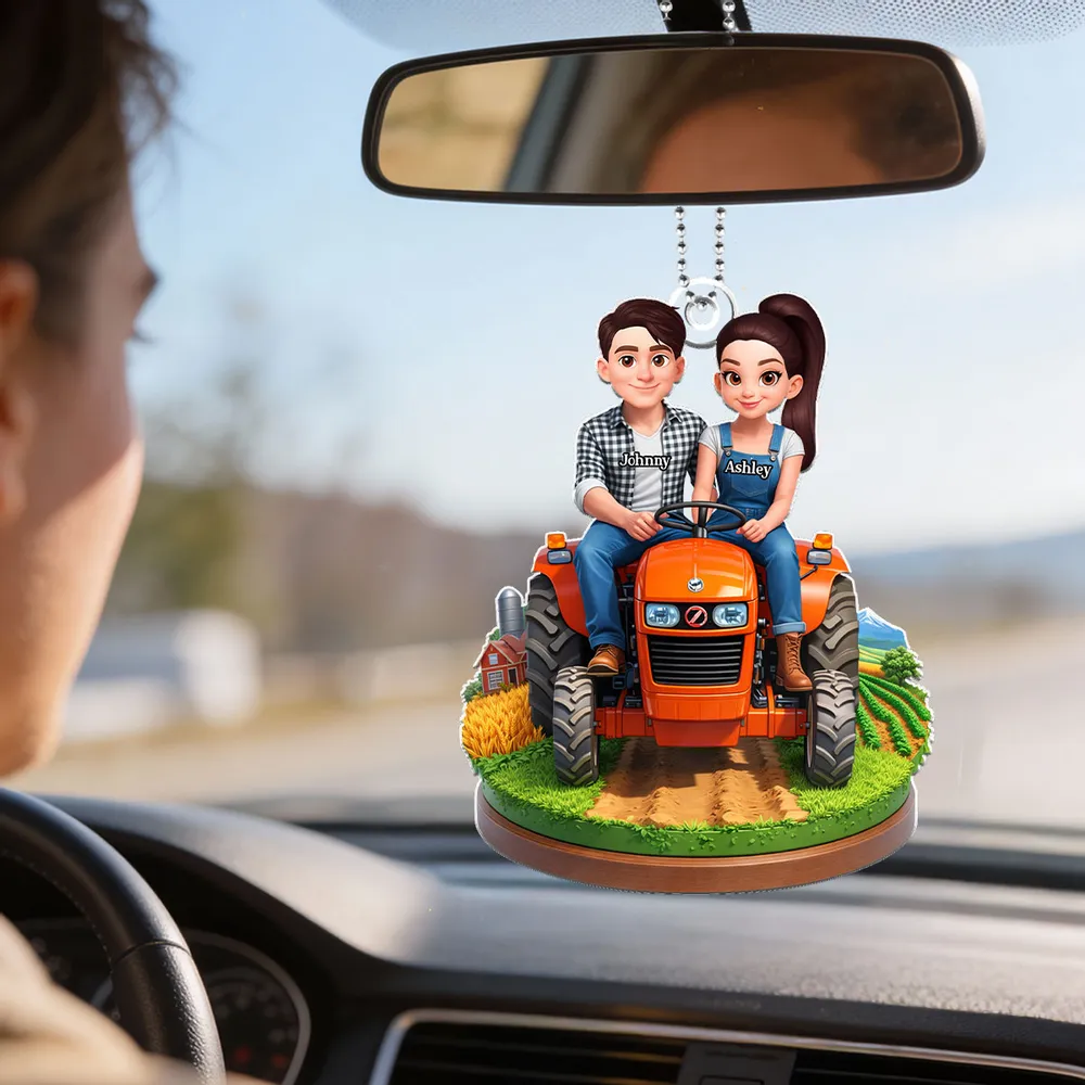 Personalized Acrylic Car Hanger Cute Cartoon Farmer Couple on Tractor, Country Drive Mirror Decor, Unique Gift - Image 6