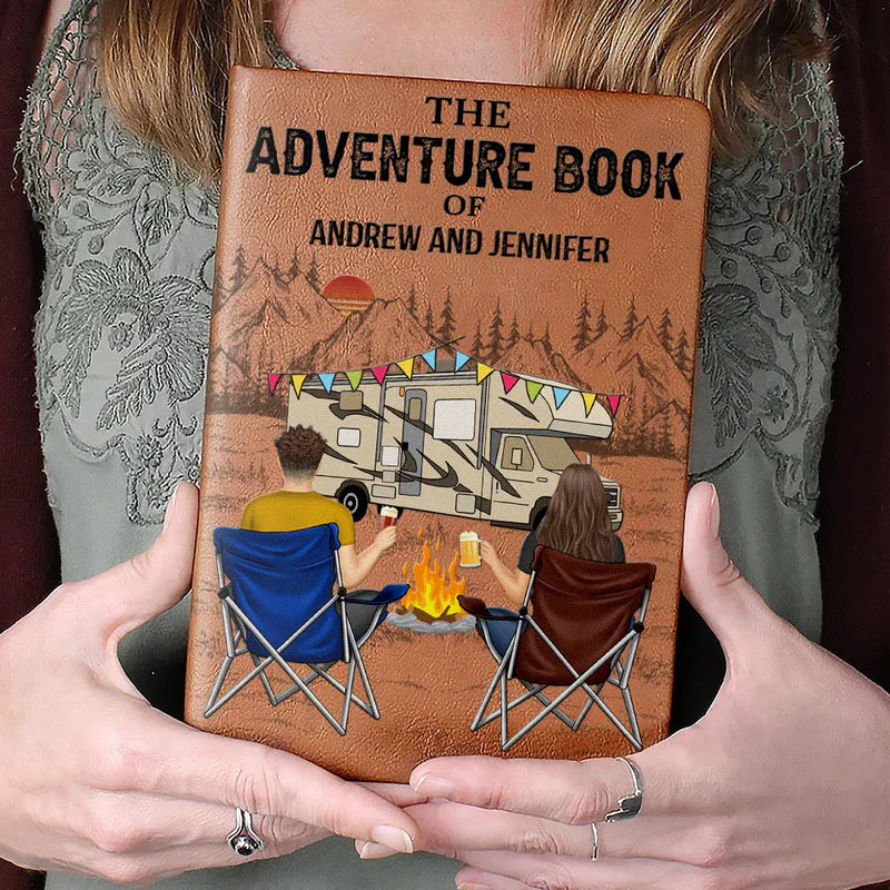 Personalized Leather Journal The Adventure Book Camping Couple by the Campfire Unique Gift for Him or Her - Image 2