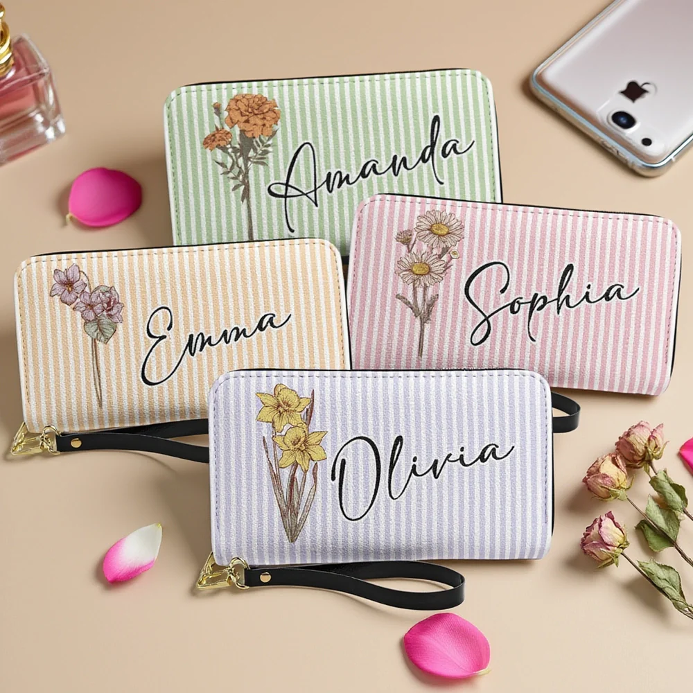 Custom Name Leather Long Wallet With Soft Pastel Floral Design, Thoughtful Gift For Mom Or Friend, Easy To Love Daily