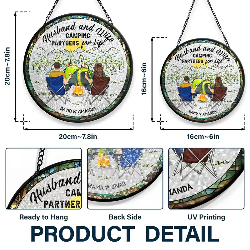 Personalized Glass Suncatcher Ornament Home Is Where We Park It Camping Scene, Unique Gift for Couples - Image 4