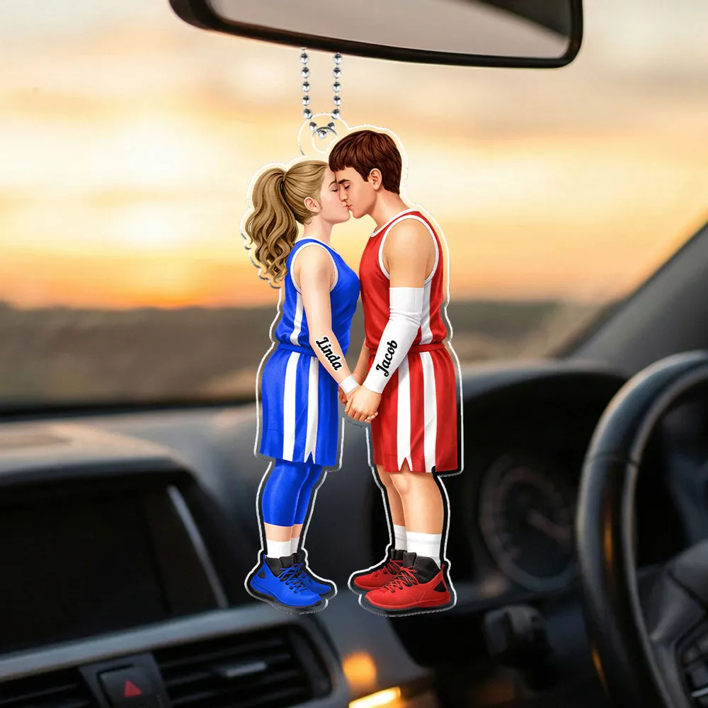 Acrylic Car Hanger with Kissing Basketball Couple, Personalized Cute Car Mirror Decor, Romantic Anniversary Gift - Image 2