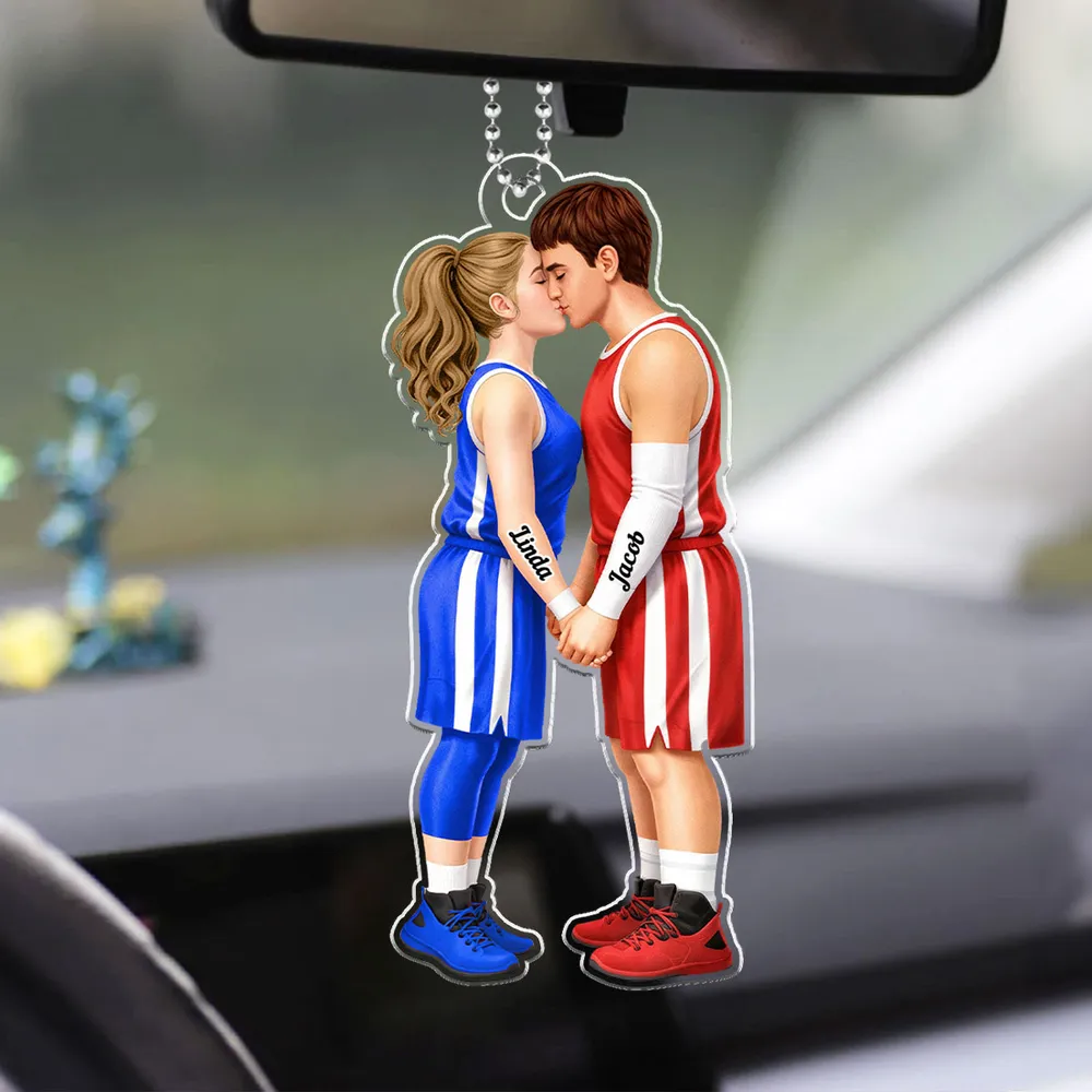 Acrylic Car Hanger with Kissing Basketball Couple, Personalized Cute Car Mirror Decor, Romantic Anniversary Gift - Image 6