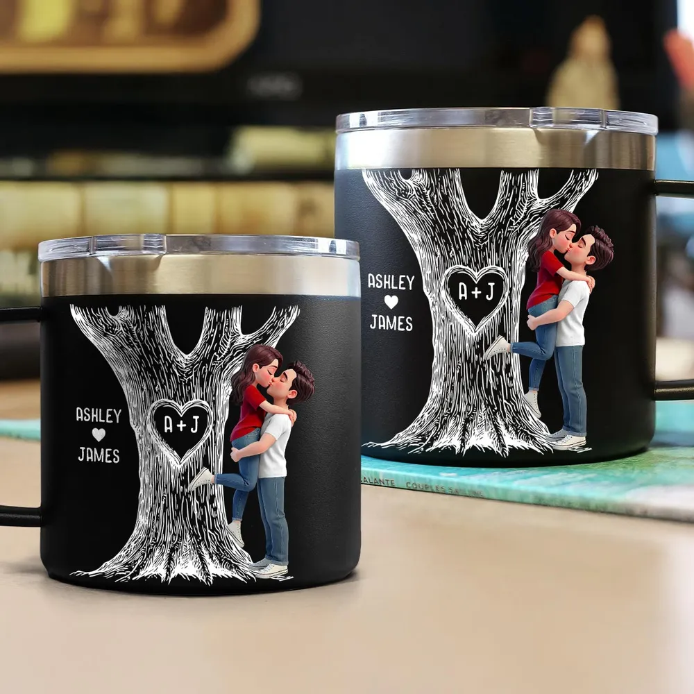Personalized Stainless Steel Coffee Mug with Kissing Couple & Heart Initials Tree, Unique Romantic Gift for Him or Her - Image 2