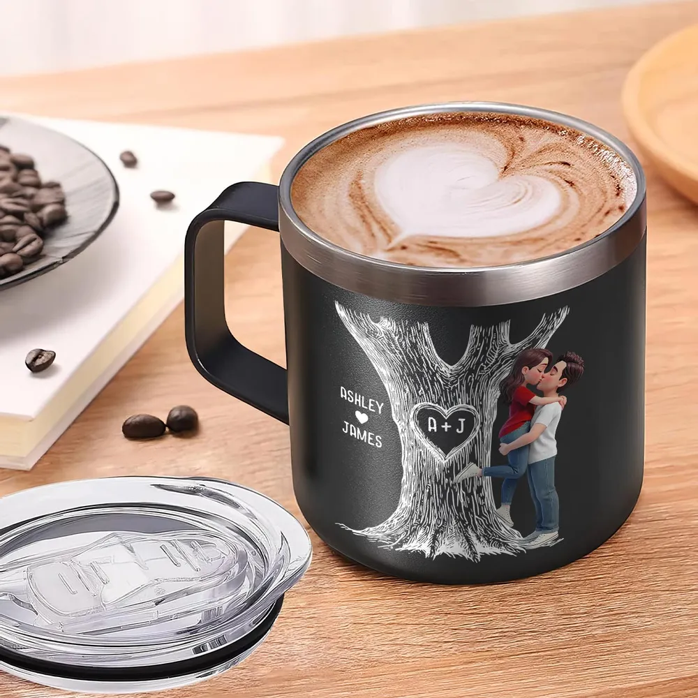 Personalized Stainless Steel Coffee Mug with Kissing Couple & Heart Initials Tree, Unique Romantic Gift for Him or Her - Image 3