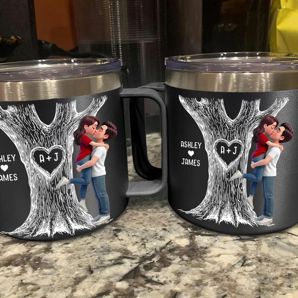 Personalized Stainless Steel Coffee Mug with Kissing Couple & Heart Initials Tree, Unique Romantic Gift for Him or Her - Image 5