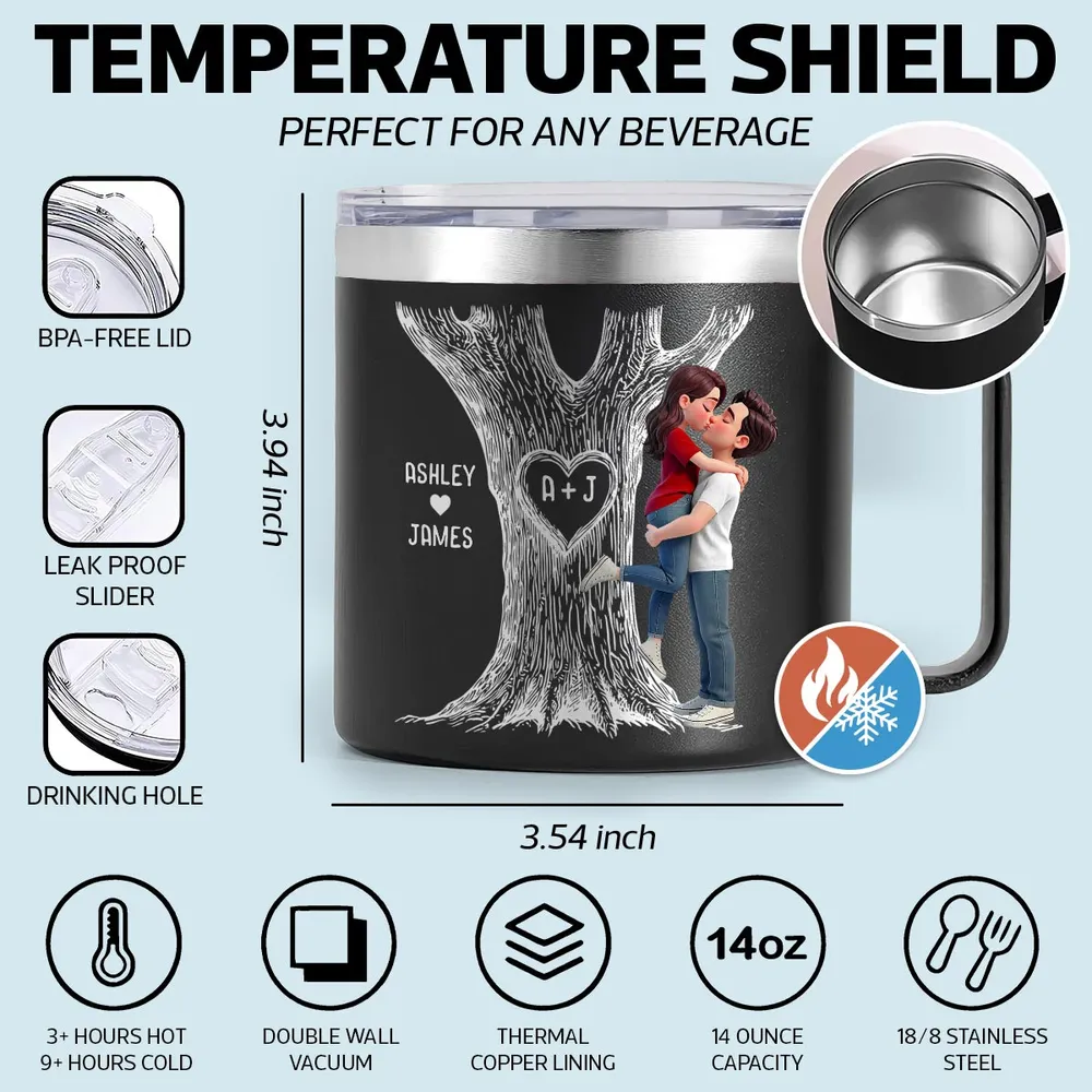 Personalized Stainless Steel Coffee Mug with Kissing Couple & Heart Initials Tree, Unique Romantic Gift for Him or Her - Image 7
