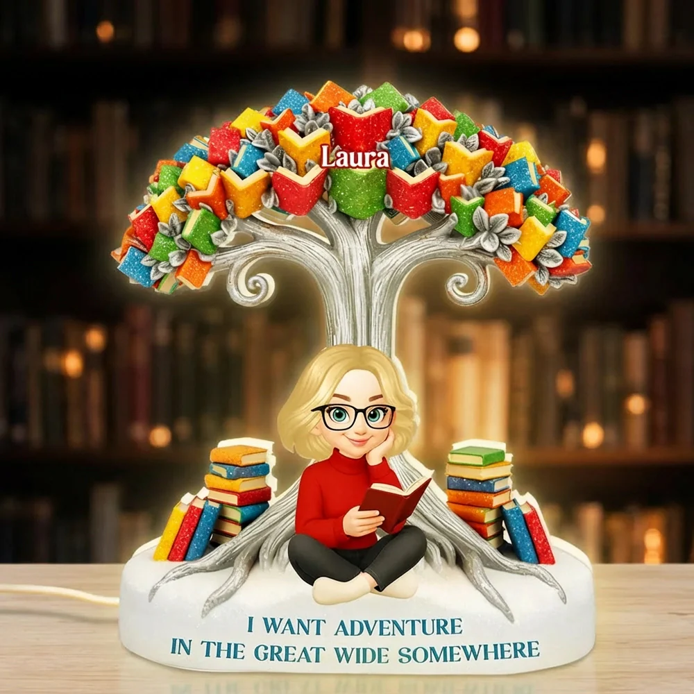 Acrylic Light Box with Reading Girl and Book Tree, Personalized Keepsake for Bedroom or Bookshelf, Thoughtful Gift