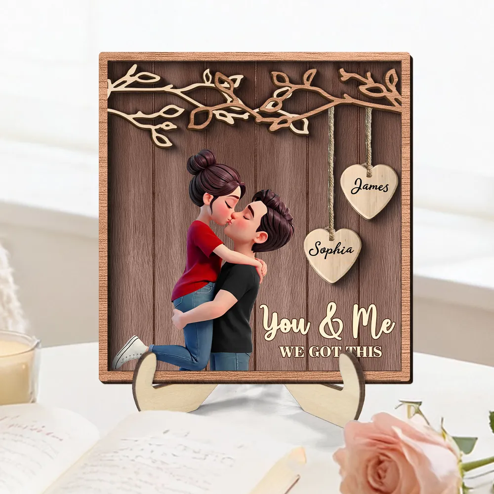 2-Layer Wooden Plaque Personalized for Couples, Romantic Hug and Kiss Under Hanging Hearts, Sweet Keepsake Gift for Him or Her - Image 3
