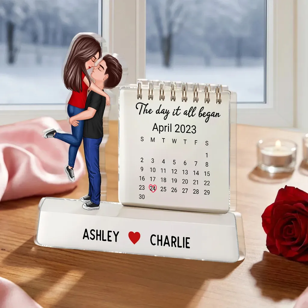 Personalized Shaped Acrylic Block Plaque Couple Hugging Kissing Calendar Keepsake, The Day It All Began, Unique Gift for Him or Her - Image 2