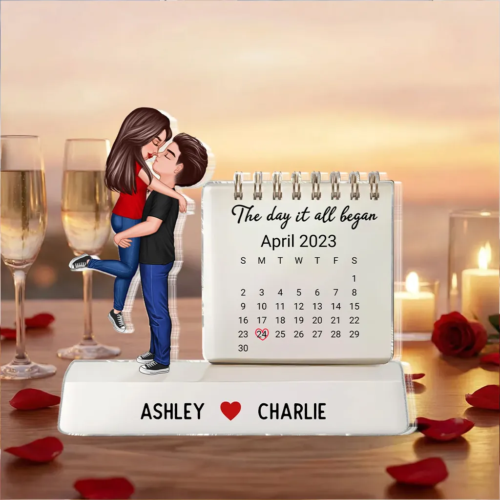 Personalized Shaped Acrylic Block Plaque Couple Hugging Kissing Calendar Keepsake, The Day It All Began, Unique Gift for Him or Her - Image 4