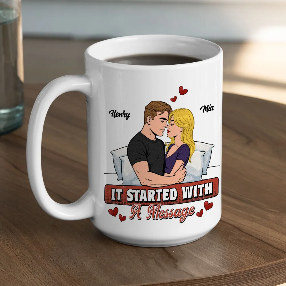 Personalized Ceramic Mug It Started With A Message Couple Hugging Cute Cartoon Style Unique Romantic Gift - Image 6