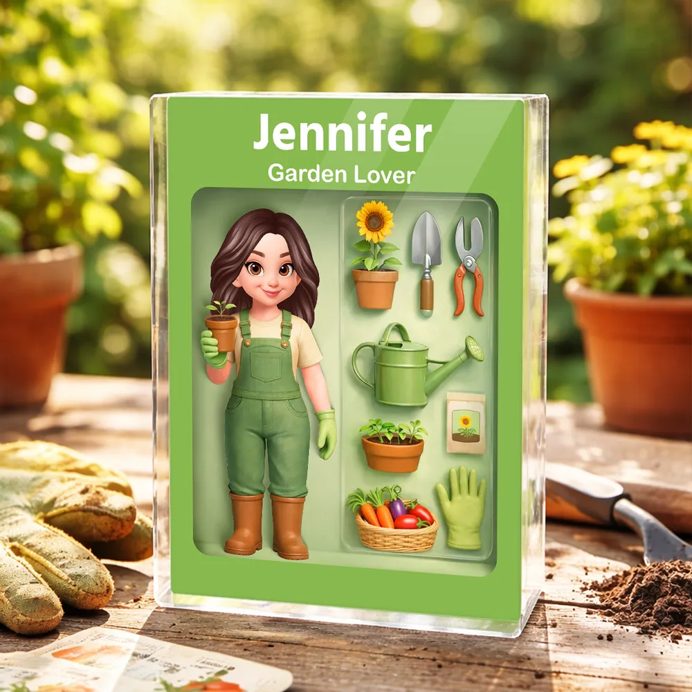 Personalized Rectangle Acrylic Block Plaque Garden Lover Desk Decor, Cute Cartoon Gardener With Tools, Unique Gift - Image 2
