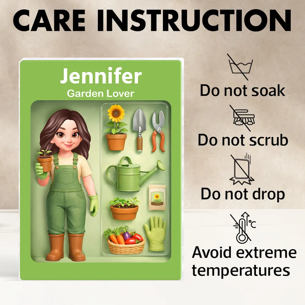 Personalized Rectangle Acrylic Block Plaque Garden Lover Desk Decor, Cute Cartoon Gardener With Tools, Unique Gift - Image 5