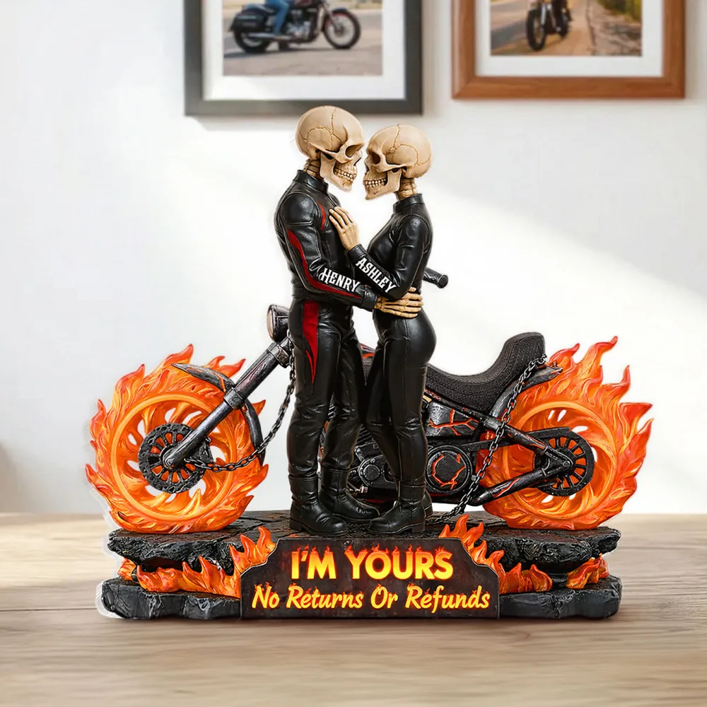 Personalized Shaped Acrylic Block Plaque Skeleton Biker Couple Hugging on Flame Motorcycle, Funny Romantic Gift for Couple - Image 2