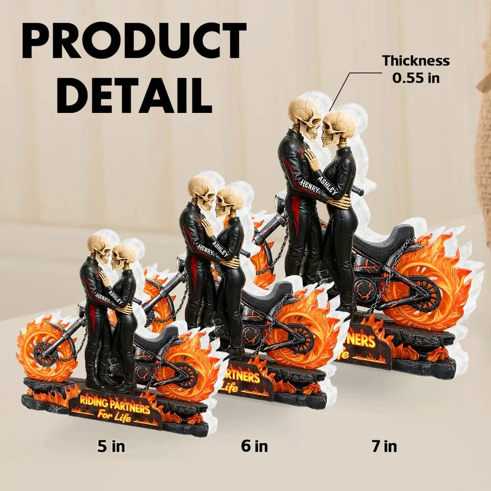 Personalized Shaped Acrylic Block Plaque Skeleton Biker Couple Hugging on Flame Motorcycle, Funny Romantic Gift for Couple - Image 4