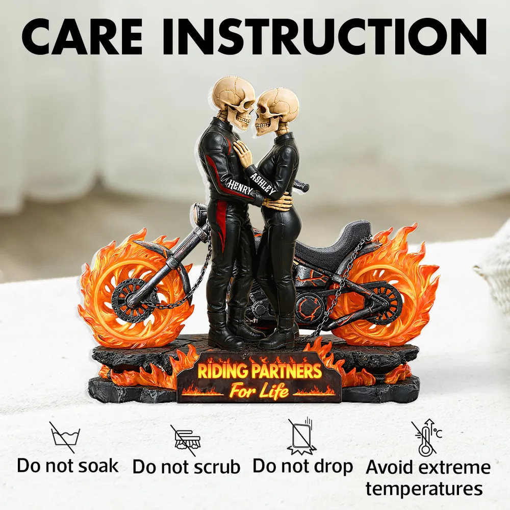 Personalized Shaped Acrylic Block Plaque Skeleton Biker Couple Hugging on Flame Motorcycle, Funny Romantic Gift for Couple - Image 5