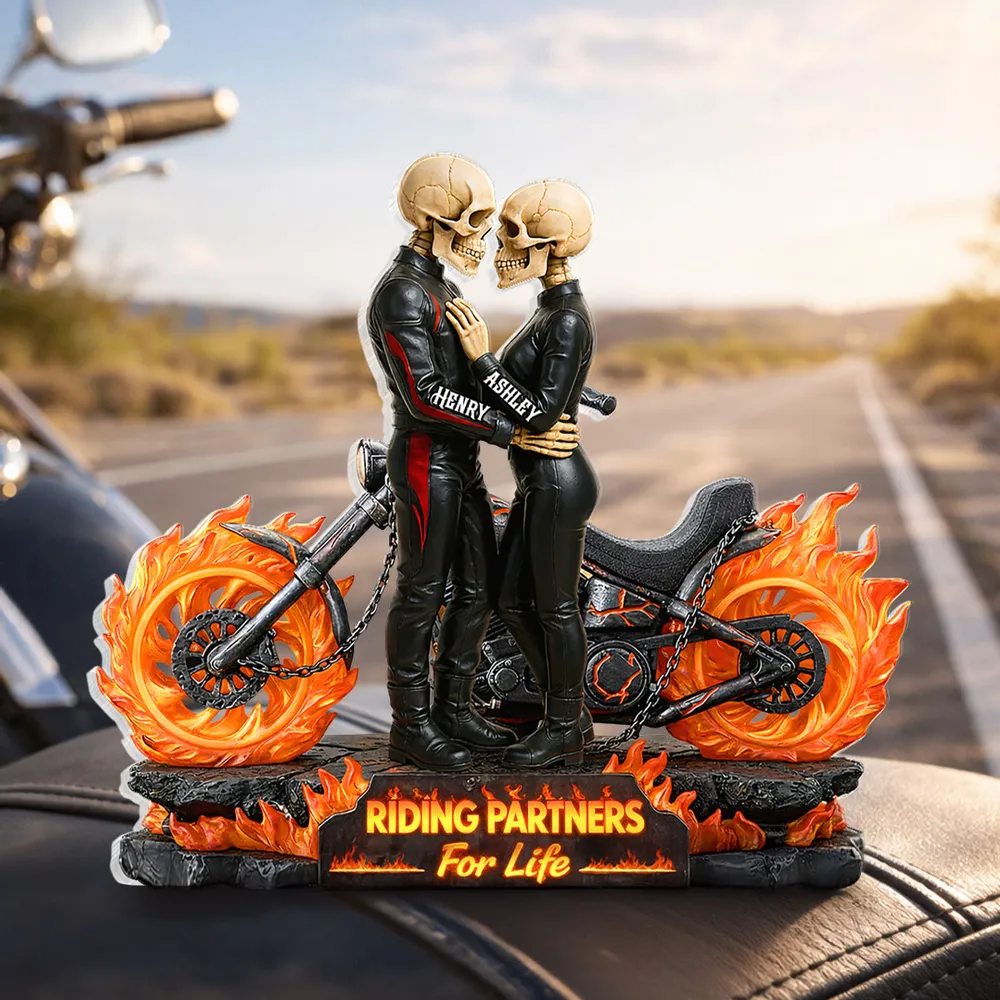 Personalized Shaped Acrylic Block Plaque Skeleton Biker Couple Hugging on Flame Motorcycle, Funny Romantic Gift for Couple - Image 6