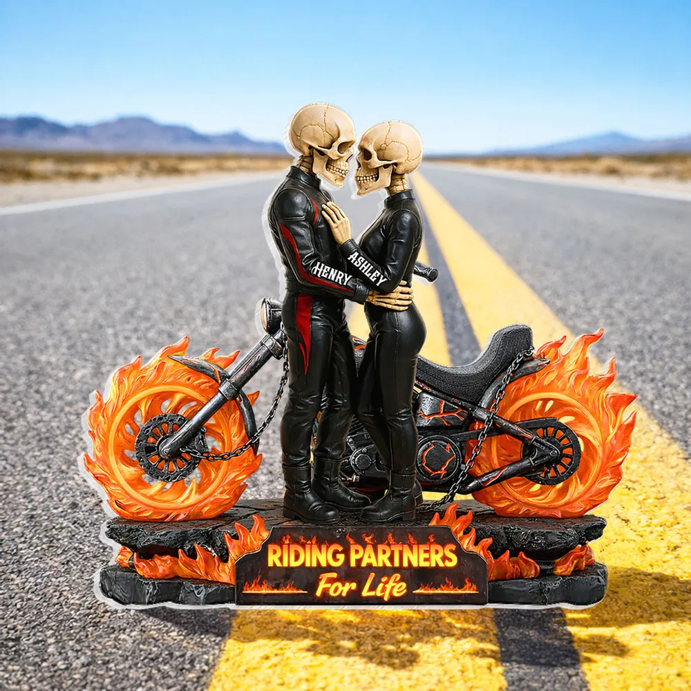 Personalized Shaped Acrylic Block Plaque Skeleton Biker Couple Hugging on Flame Motorcycle, Funny Romantic Gift for Couple - Image 7
