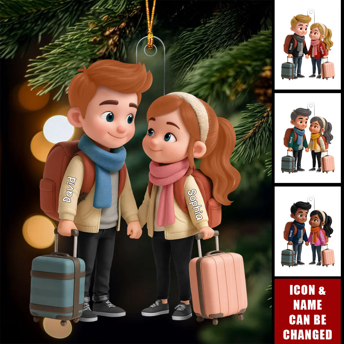 Personalized Acrylic Ornament Travel Couple with Suitcases and Backpacks Unique Gift for Adventure Lovers Cute Display Keepsake - Image 2