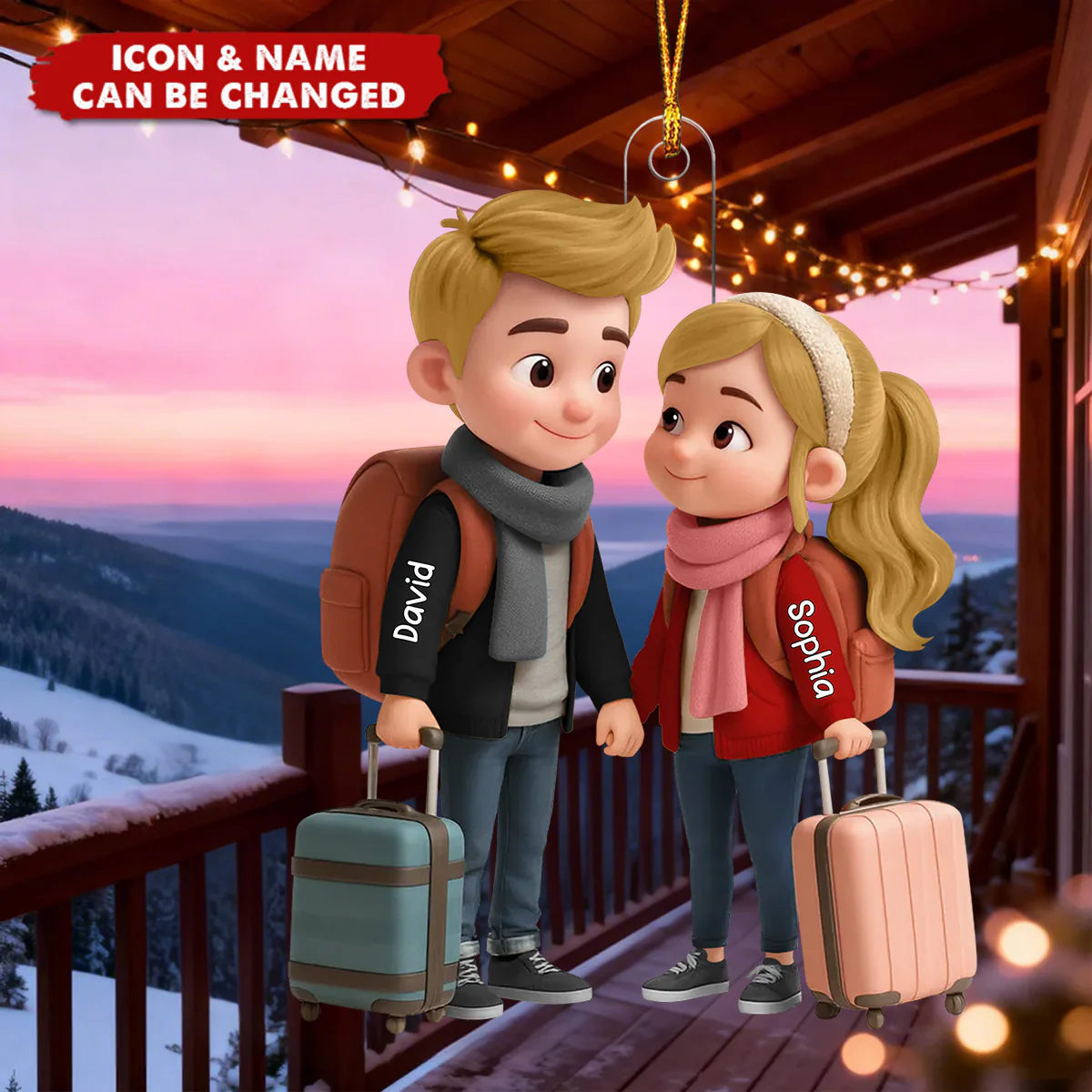 Personalized Acrylic Ornament Travel Couple with Suitcases and Backpacks Unique Gift for Adventure Lovers Cute Display Keepsake - Image 4