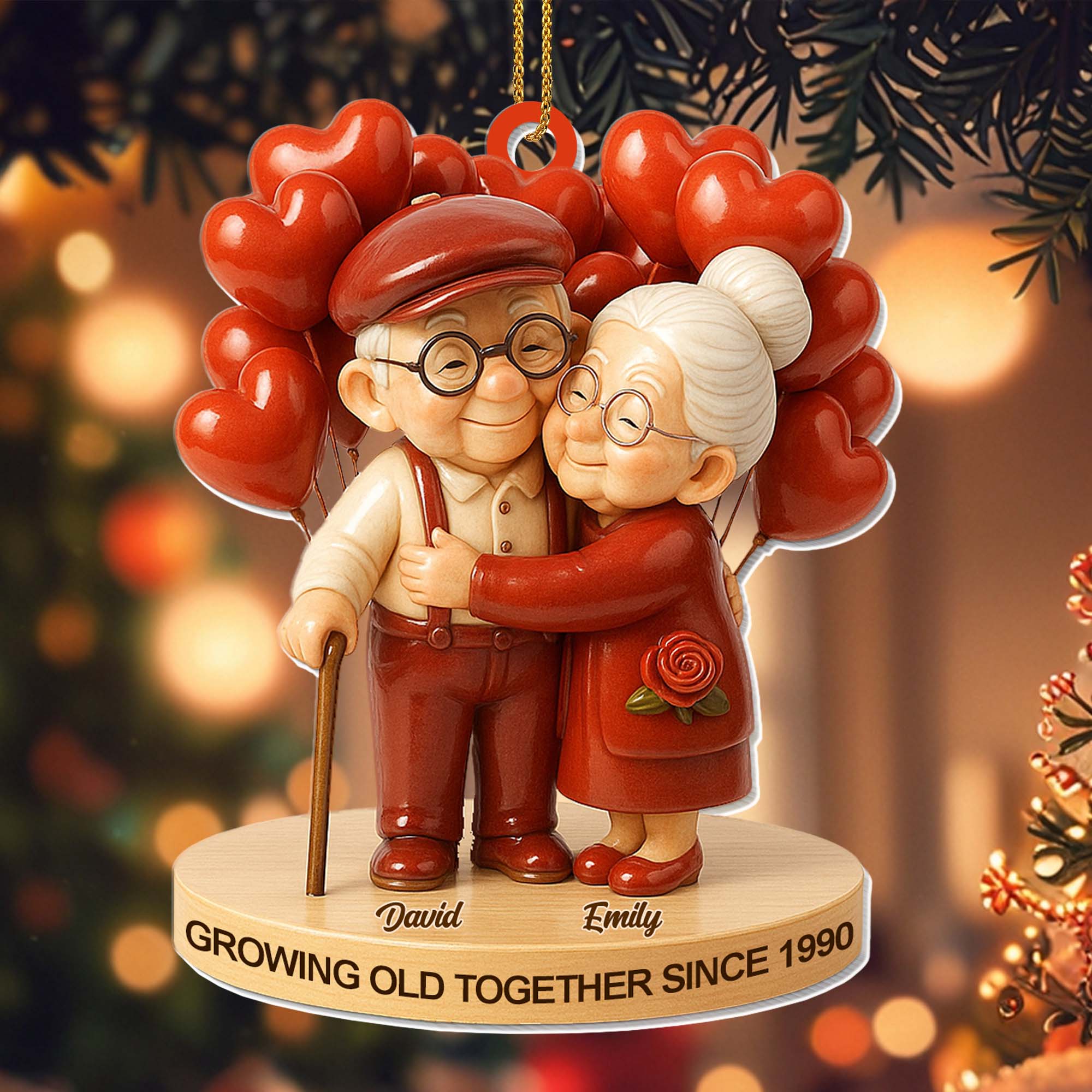 Personalized Acrylic Ornament Cute Elderly Couple Hugging With Heart Balloons Holiday Decor Unique Gift For Couples - Image 4