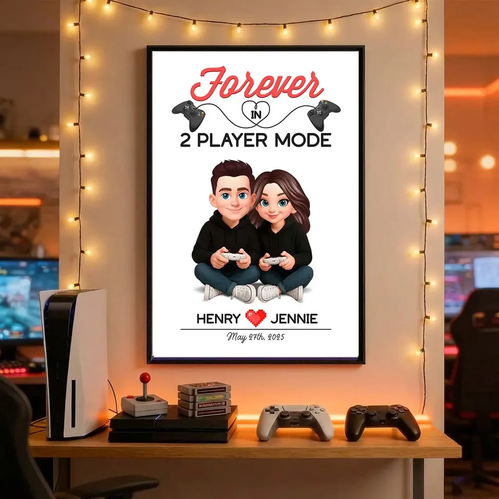 Personalized Gaming Couple Poster Forever In 2 Player Mode Sitting With Controllers Unique Gift For Him & Her