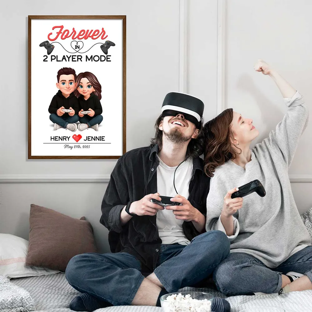 Personalized Gaming Couple Poster Forever In 2 Player Mode Sitting With Controllers Unique Gift For Him & Her - Image 2