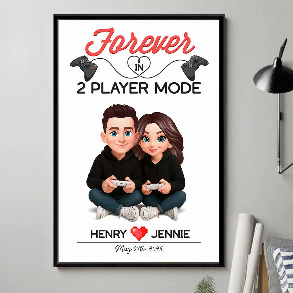 Personalized Gaming Couple Poster Forever In 2 Player Mode Sitting With Controllers Unique Gift For Him & Her - Image 3